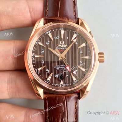 Replica Swiss Omega Seamaster GMT 150M Watch Rose Gold Coffee Brown Version